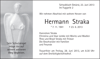 Traueranzeige von Hermann Straka von Gmünder Tagespost