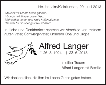 Traueranzeige von Alfred Langer von Schwäbische Post