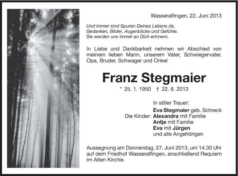  Traueranzeige für Franz Stegmaier vom 25.06.2013 aus Schwäbische Post