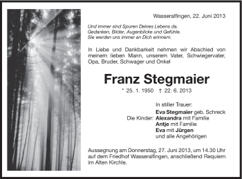 Traueranzeige von Franz Stegmaier von Schwäbische Post