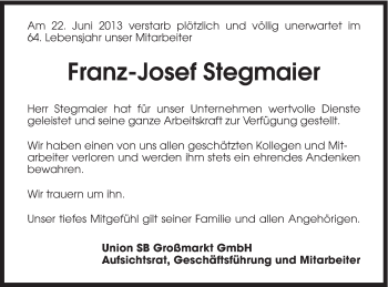 Traueranzeige von Franz-Josef Stegmaier von Schwäbische Post