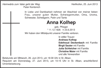 Traueranzeige von Anna Kolhep von Gmünder Tagespost