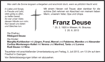 Traueranzeige von Franz Deuse von Schwäbische Post