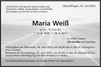 Traueranzeige von Maria Weiß von Schwäbische Post
