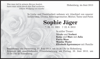 Traueranzeige von Sophie Jäger von Schwäbische Post