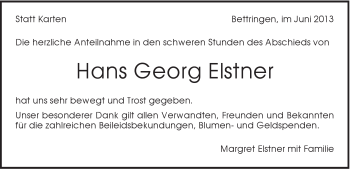 Traueranzeige von Hans Georg Elstner von Gmünder Tagespost