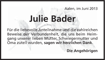 Traueranzeige von Julie Bader von Schwäbische Post