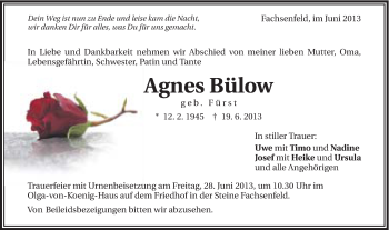 Traueranzeige von Agnes Bülow von Schwäbische Post
