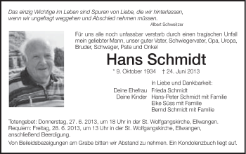Traueranzeige von Hans Schmidt von Schwäbische Post