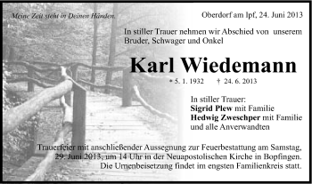 Traueranzeige von Karl Wiedemann von Schwäbische Post