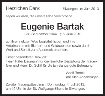 Traueranzeige von Eugenie Bartak von Schwäbische Post