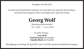 Traueranzeige von Georg Wolf von Schwäbische Post