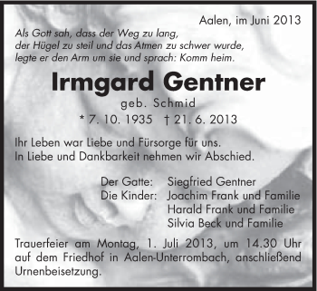 Traueranzeige von Irmgard Gentner von Schwäbische Post