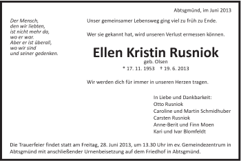 Traueranzeige von Ellen Kristin Rusniok von Schwäbische Post