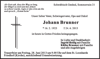 Traueranzeige von Johann Brunner von Gmünder Tagespost