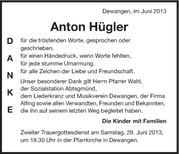 Traueranzeige von Anton Hügler von Schwäbische Post