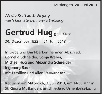 Traueranzeige von Gertrud Hug von Gmünder Tagespost
