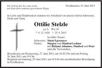 Traueranzeige von Ottilie Stelzle von Schwäbische Post