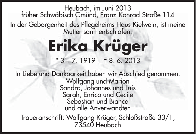 Traueranzeigen Von Erika Kruger Ostalbtrauer