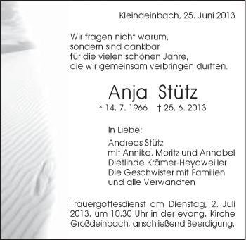 Traueranzeige von Anja Stütz von Gmünder Tagespost