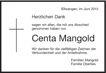 Traueranzeige von Centa Mangold von Schwäbische Post