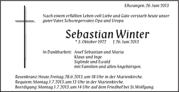 Traueranzeige von Sebastian Winter von Schwäbische Post