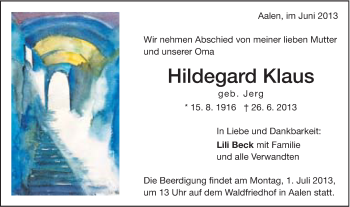 Traueranzeige von Hildegard Klaus von Schwäbische Post