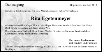 Traueranzeige von Rita Egetenmeyer von Schwäbische Post