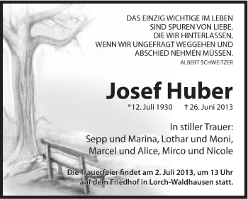 Traueranzeige von Josef Huber von Gmünder Tagespost