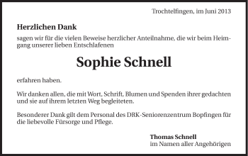 Traueranzeige von Sophie Schnell von Schwäbische Post