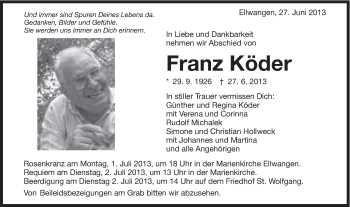 Traueranzeige von Franz Köder von Schwäbische Post