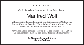 Traueranzeige von Manfred Wolf von Schwäbische Post