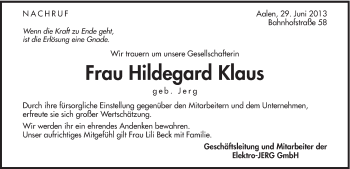 Traueranzeige von Hildegard Klaus von Schwäbische Post