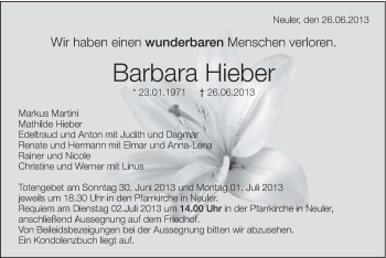 Traueranzeige von Barbara Hieber von Schwäbische Post