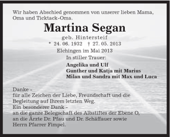 Traueranzeige von Segan Martina von Schwäbische Post