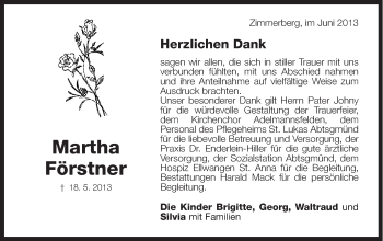Traueranzeige von Martha Förstner von Schwäbische Post