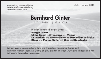 Traueranzeige von Bernhard Ginter von Schwäbische Post