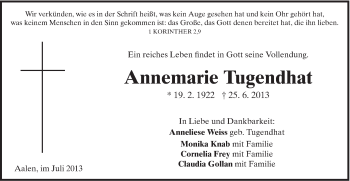 Traueranzeige von Annemarie Tugendhat von Schwäbische Post