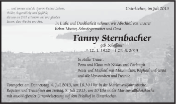 Traueranzeige von Fanny Sternbacher von Schwäbische Post