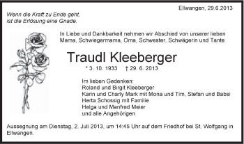 Traueranzeige von Traudl Kleeberger von Schwäbische Post