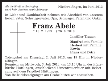 Traueranzeige von Franz Abele von Schwäbische Post