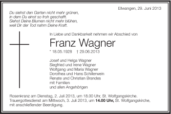 Traueranzeige von Franz Wagner von Schwäbische Post