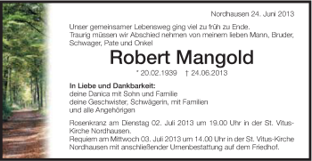 Traueranzeige von Robert Mangold von Schwäbische Post