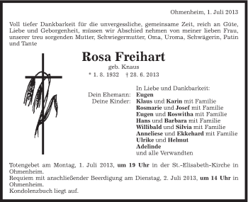 Traueranzeige von Rosa Freihart von Schwäbische Post