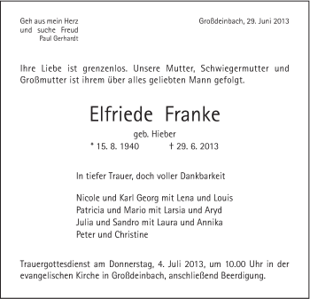 Traueranzeige von Elfriede Franke von Gmünder Tagespost