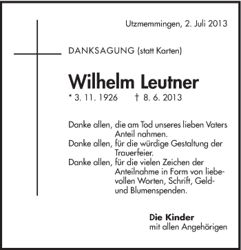 Traueranzeige von Wilhelm Leutner von Schwäbische Post