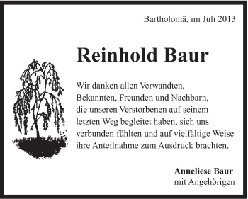 Traueranzeige von Reinhold Baur von Gmünder Tagespost