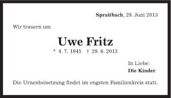 Traueranzeige von Uwe Fritz von Gmünder Tagespost