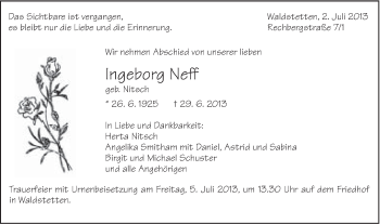 Traueranzeige von Ingeborg Neff von Gmünder Tagespost