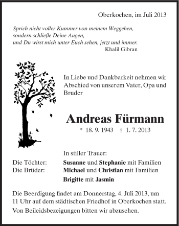 Traueranzeige von Andreas Fürmann von Schwäbische Post